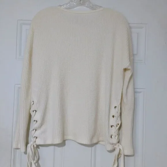 Z Supply Top Women's Thermal Waffle Knit Boho Laced Side Ties Oversized Cozy XS - Picture 7 of 13